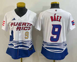 Womens Puerto Rico Baseball #9 Javier Baez Number White 2023 World Baseball Classic Stitched Jerseys->2023 world baseball classic->MLB Jersey